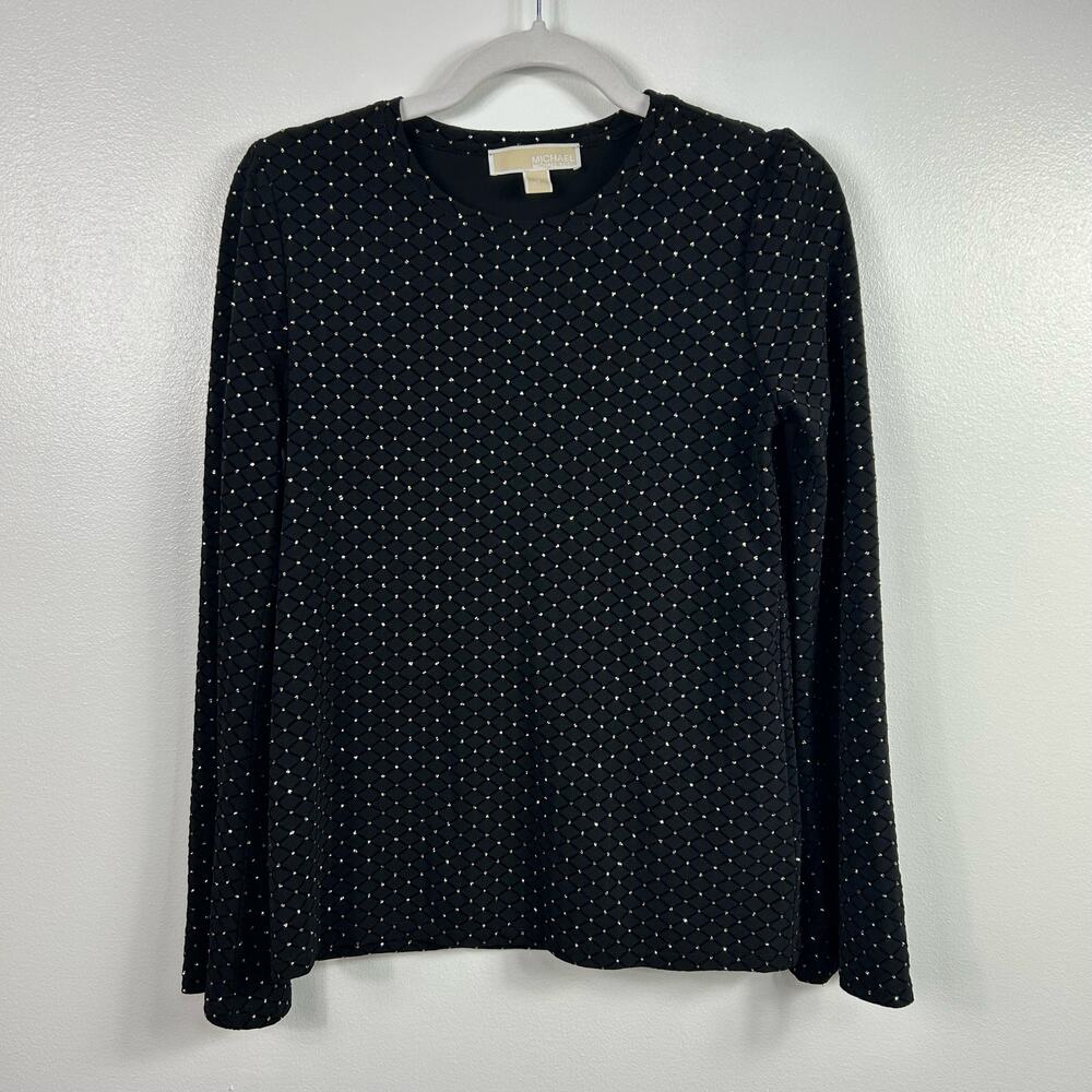 Michael Kors Black Gold Glitter Dot Blouse Long Flare Sleeve Dressy Shirt Small